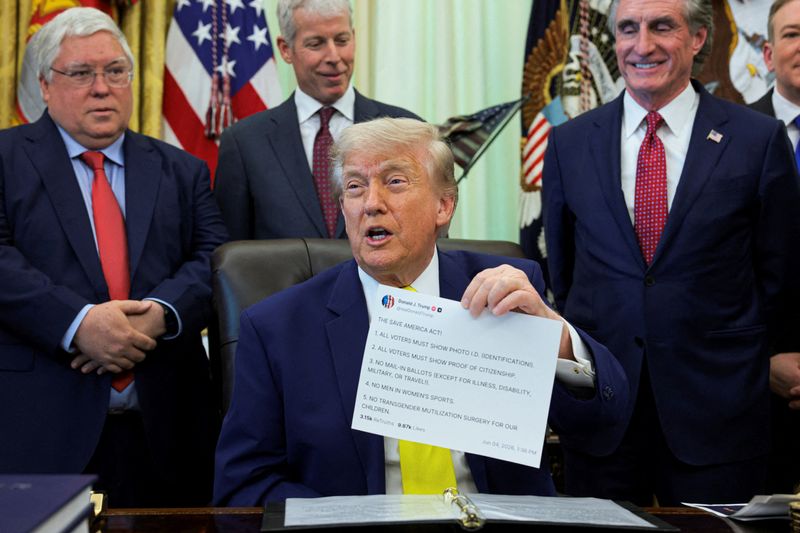FILE PHOTO: U.S. President Donald Trump shows a printout of his Truth Social post as he delivers remarks to reporters in the Oval Office at the White House in Washington, D.C., U.S., June 4, 2026. REUTERS/Jonathan Ernst/File Photo
