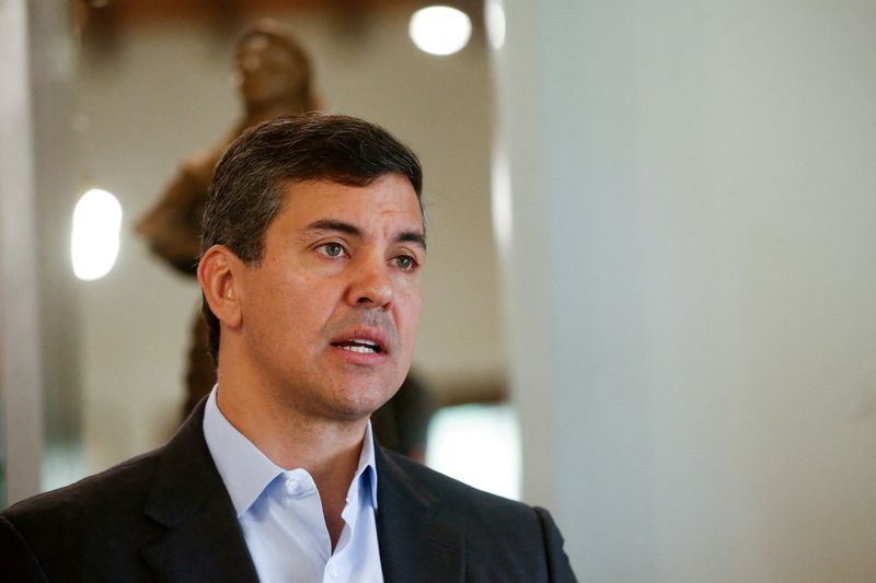 Paraguay's President Santiago Pena speaks during an interview with Reuters, in Asuncion, Paraguay August 21, 2024. REUTERS/Cesar Olmedo/File Photo