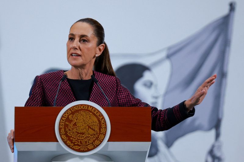 Mexico's President Claudia Sheinbaum addresses the media at the National Palace, in Mexico City, Mexico June 11, 2025. REUTERS/Raquel Cunha/File Photo