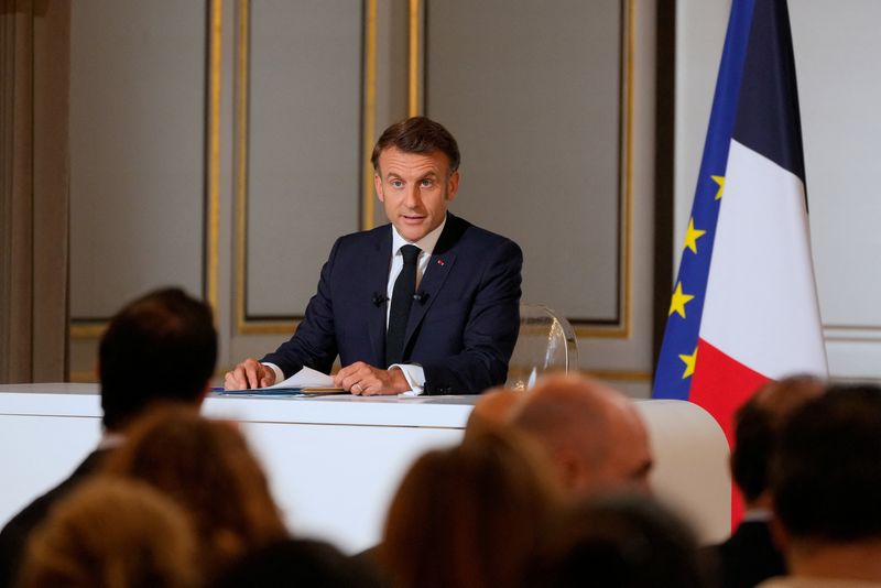French President Emmanuel Macron holds a press conference, at the Elysee Palace, in Paris, Friday, June 13, 2025.     Michel Euler/Pool via REUTERS