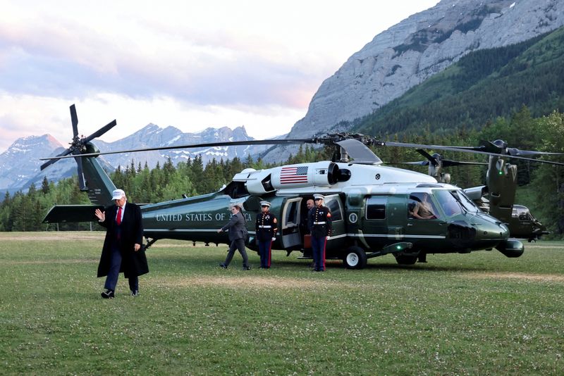 U.S. President Donald Trump arrives for the G7 Leaders' Summit at the Rocky Mountain resort town of Kananaskis, Alberta, Canada, June 15, 2025. REUTERS/Chris Helgren/Pool