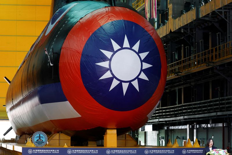 FILE PHOTO: Taiwan's President Tsai Ing-wen speaks during the launching ceremony of Narwhal, its first domestically built submarine, in Kaohsiung, Taiwan September 28, 2023. REUTERS/Carlos Garcia Rawlins/ File Photo