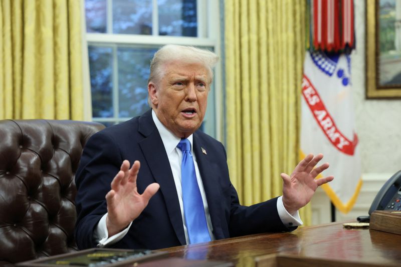 FILE PHOTO: U.S. President Donald Trump speaks in the Oval Office of the White House in Washington, D.C., U.S., February 11, 2025.   REUTERS/Kevin Lamarque/File photo