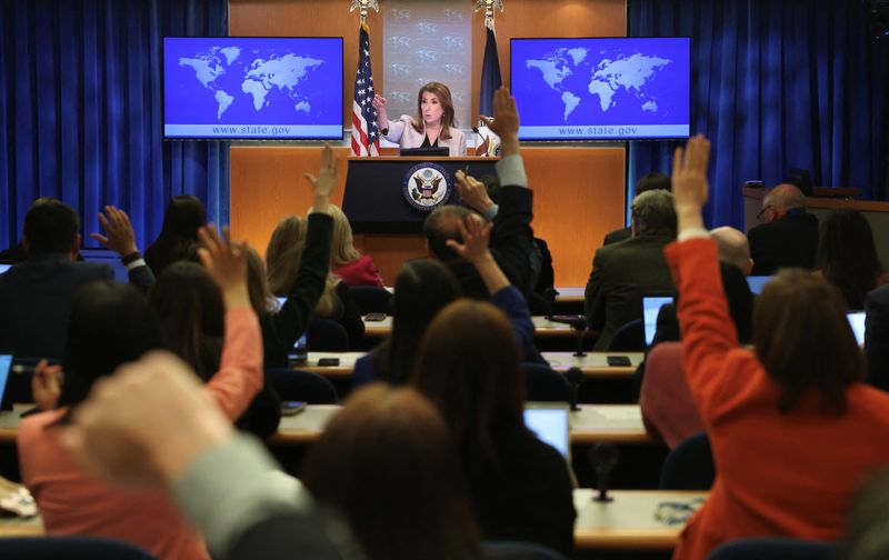 U.S. State Department spokesperson Tammy Bruce gestures as she holds her first press briefing at the State Department in Washington, D.C., U.S., March 6, 2025. REUTERS/Kevin Lamarque/File Photo
