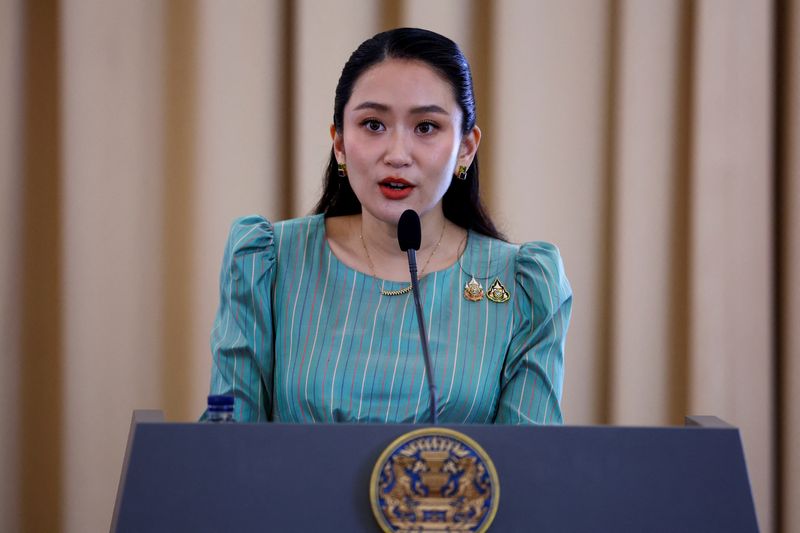 FILE PHOTO: Thailand's Prime Minister Paetongtarn Shinawatra speaks during a press conference at the Government House, in Bangkok, Thailand, May 19, 2025. REUTERS/Athit Perawongmetha/ File Photo