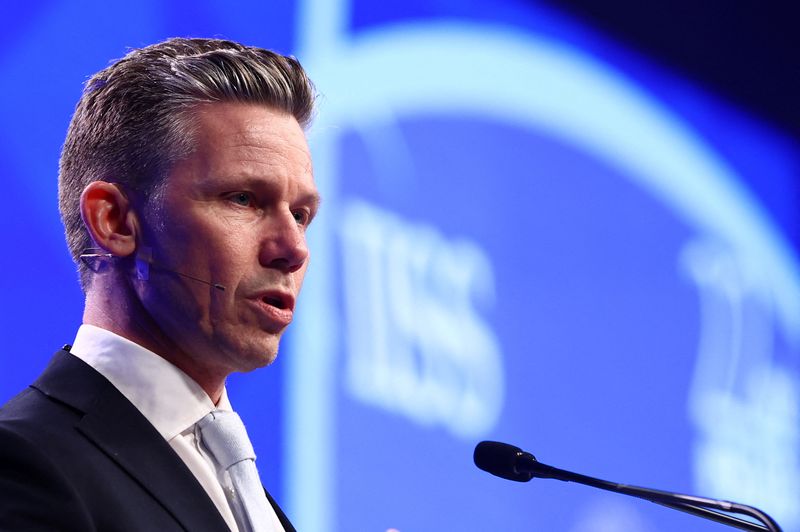 FILE PHOTO: Sweden's Minister of Defence Pal Jonson speaks at the IISS Shangri-La Dialogue security summit in Singapore, June 1, 2025. REUTERS/Edgar Su/File photo