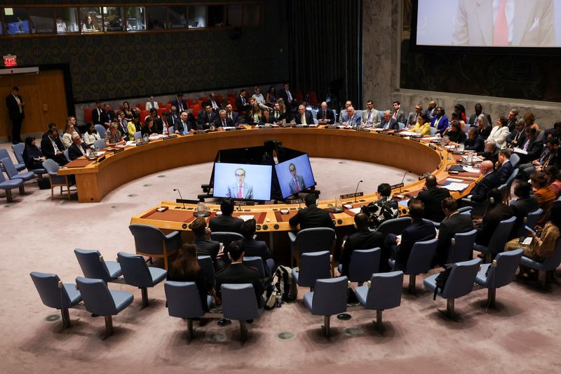 Rafael Mariano Grossi, Director General of the International Atomic Energy Agency (IAEA) speaks via video during a meeting of the United Nations Security Council, about the conflict between Israel and Iran, at U.N. headquarters in New York City, U.S., June 20, 2025. REUTERS/Brendan McDermid