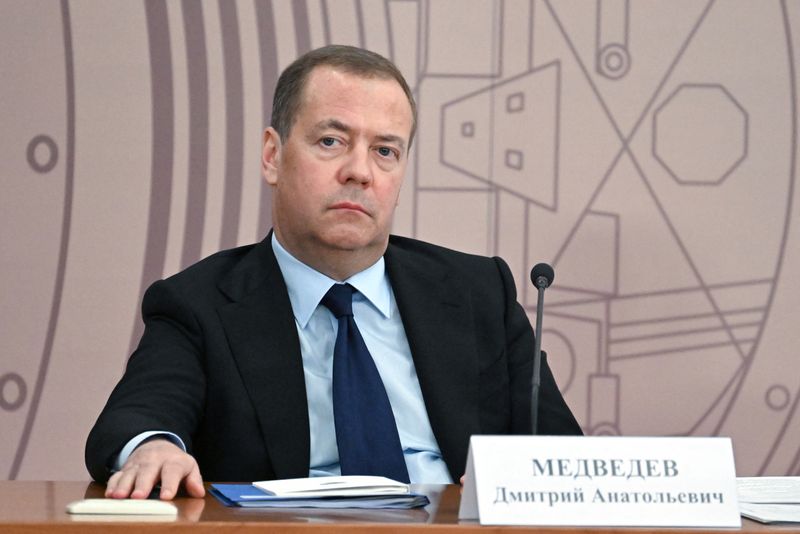 FILE PHOTO: Russia's Security Council's Deputy Chairman Dmitry Medvedev attends a meeting of the Council for Science and Education at the Joint Institute for Nuclear Research in the Moscow region's city of Dubna, Russia June 13, 2024. Sputnik/Alexei Maishev/Pool via REUTERS/File Photo