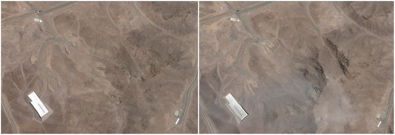 A combination picture shows satellite images over Fordow, before and after the U.S. struck the underground nuclear facility, near Qom, Iran, June 2, 2025 (L) and June 22, 2025. Planet Labs PBC via REUTERS