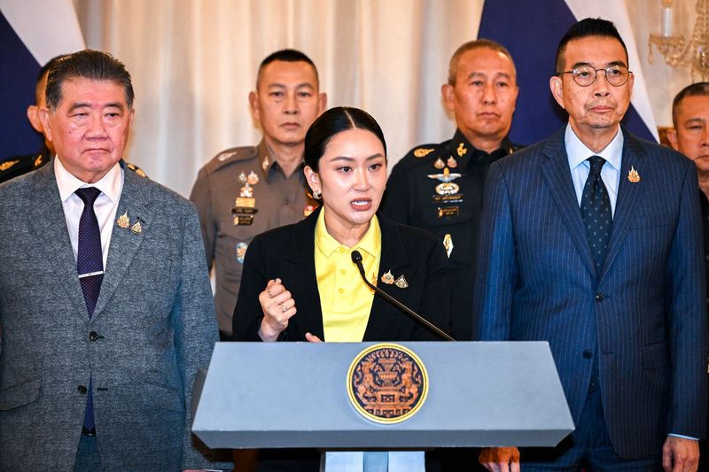 FILE PHOTO: Thailand's Prime Minister Paetongtarn Shinawatra speaks during a press conference following a leak on Wednesday of a phone call between her and Cambodia's Hun Sen, the influential former premier of Cambodia, amid a border dispute between the two countries, at the Government House, in Bangkok, Thailand, June 19, 2025. REUTERS/Panumas Sanguanwong/File Photo