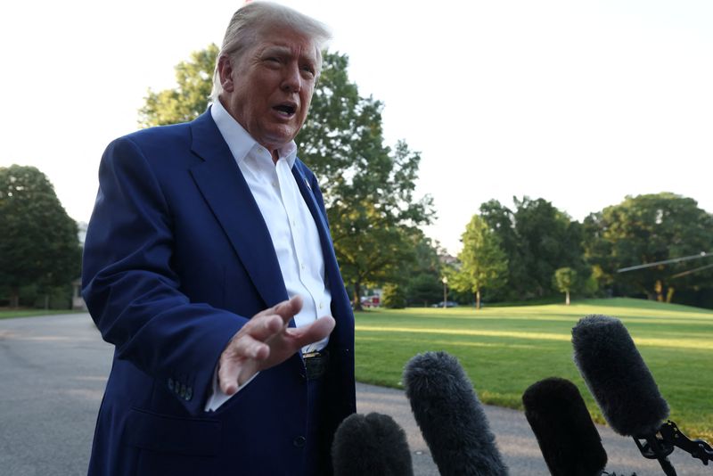 U.S. President Donald Trump speaks to media ahead of boarding Marine One to depart to attend the NATO Summit in The Hague, Netherlands, from the South Lawn at the White House in Washington, D.C., U.S., June 24, 2025. REUTERS/Kevin Lamarque