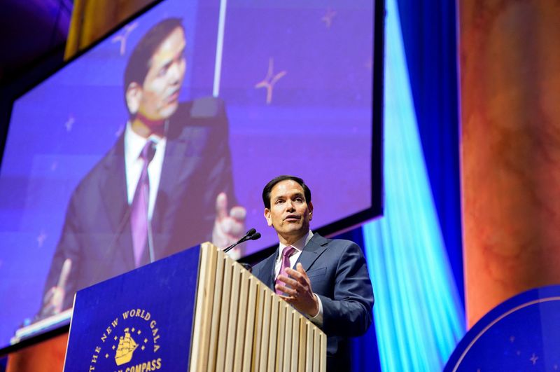 FILE PHOTO: U.S. Secretary of State Marco Rubio speaks at the American Compass fifth anniversary gala at the National Building Museum in Washington, D.C., U.S., June 3, 2025. REUTERS/Nathan Howard/File Photo