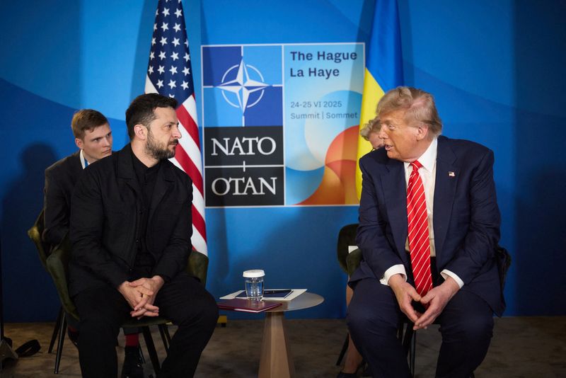 U.S. President Donald Trump and Ukraine's President Volodymyr Zelenskiy attend a meeting on the sidelines of NATO summit in The Hague, Netherlands June 25, 2025. Ukrainian Presidential Press Service/Handout via REUTERS ATTENTION EDITORS - THIS IMAGE HAS BEEN SUPPLIED BY A THIRD PARTY.