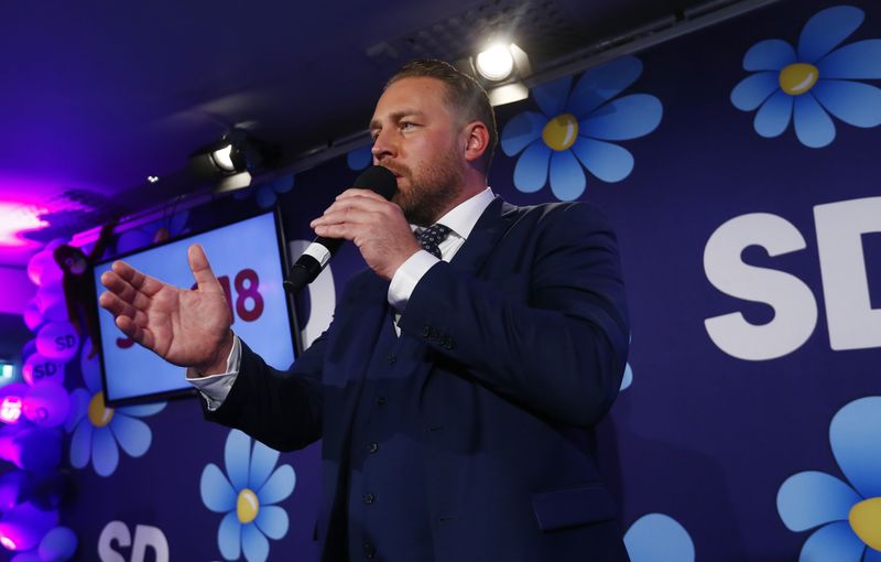FILE PHOTO: Mattias Karlsson, Sweden Democrats politicians, addresses party members after election in Stockholm, Sweden September 9, 2018. REUTERS/Ints Kalnins/File photo