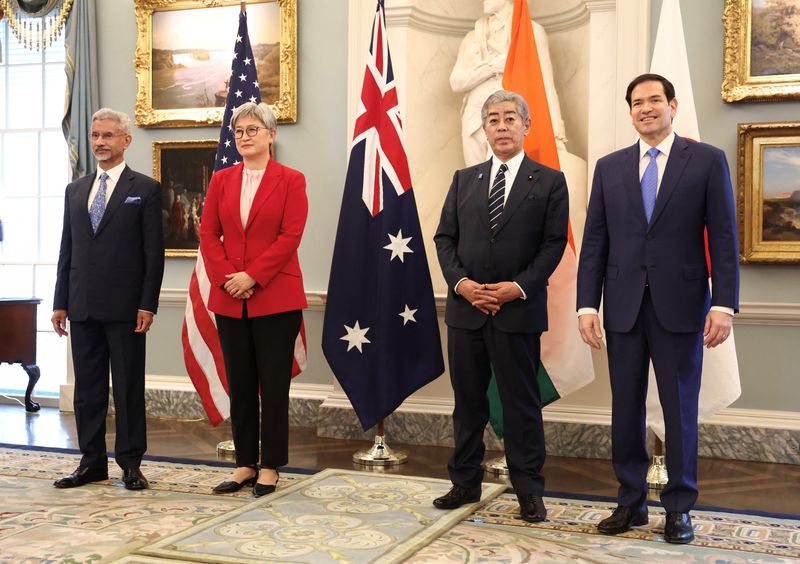 Indian External Affairs Minister Subrahmanyam Jaishankar, Australia’s Foreign Minister Penny Wong, Japanese Foreign Minister Takeshi Iwaya and U.S. Secretary of State Marco Rubio stand together at the start of their meeting of the Indo-Pacific Quad at the State Department in Washington, D.C., U.S., July 1, 2025. REUTERS/Kevin Lamarque