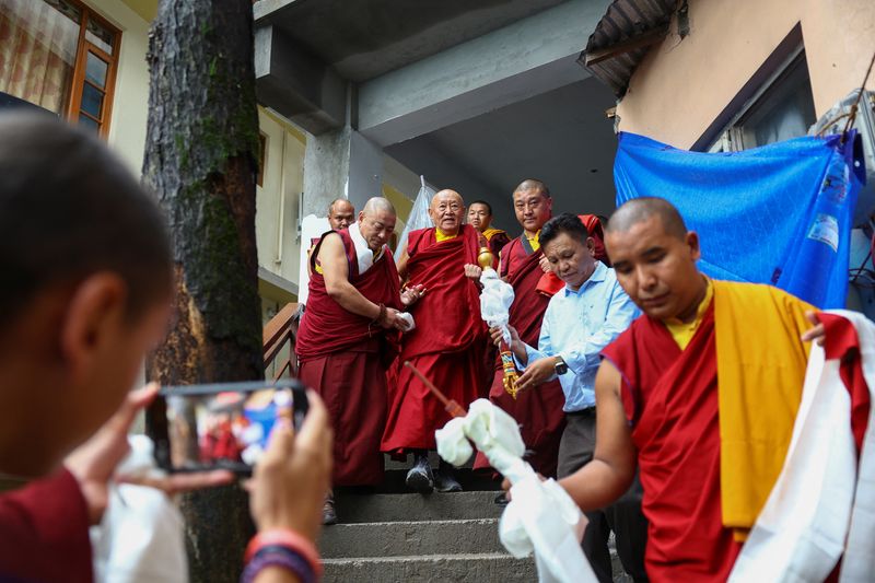 His Holiness the Drikung Kyabgon Chetsang, one of two heads of the Drikung Kagyu order of Tibetan Buddhism, arrives at Norbu House hotel in McLeodganj, a suburb of Dharamshala, India, July 1, 2025. REUTERS/Anushree Fadnavis
