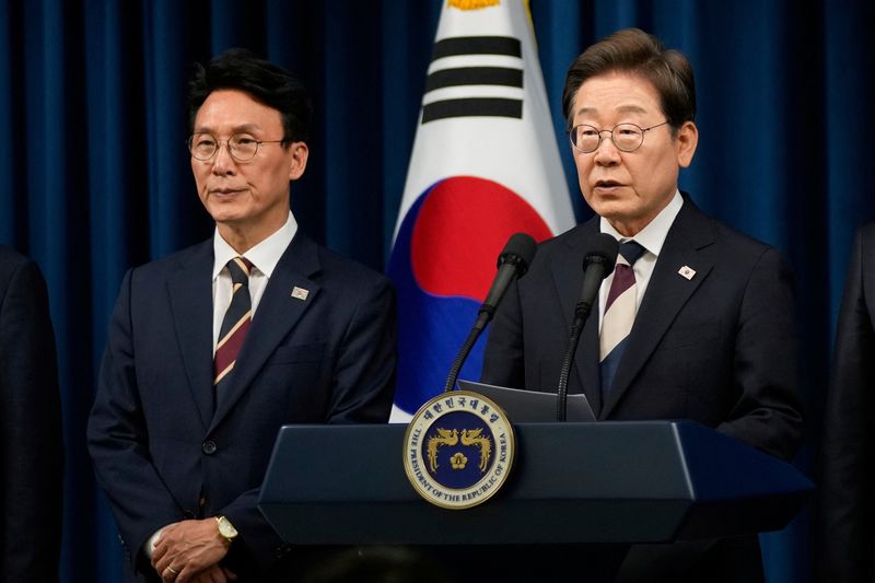 FILE PHOTO: South Korean President Lee Jae-myung speaks during a press conference with Kim Min-seok, appointed as Prime Minister, at the Presidential office in Seoul, South Korea, Wednesday, June 4, 2025.     Ahn Young-joon/Pool via REUTERS/File photo