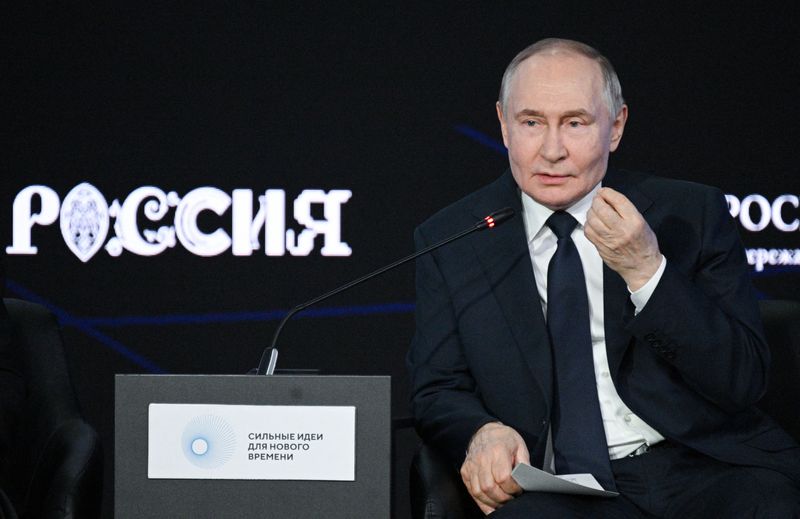 Russia's President Vladimir Putin speaks during a plenary session of a forum organised by the Agency for Strategic Initiatives (ASI) in Moscow, Russia, July 3, 2025. Sputnik/Ramil Sitdikov/Pool via REUTERS ATTENTION EDITORS - THIS IMAGE WAS PROVIDED BY A THIRD PARTY.