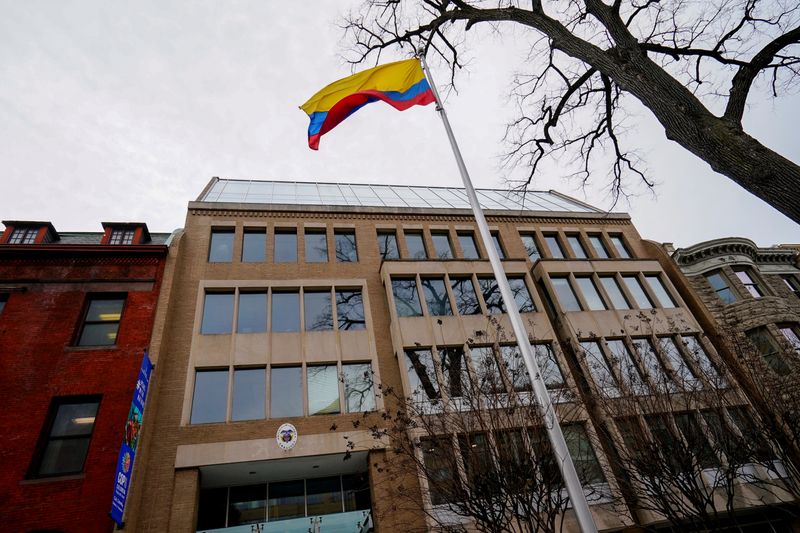 FILE PHOTO: A flag flutters in front of Colombia's embassy in Washington, U.S. January 26, 2025.  REUTERS/Ken Cedeno/File Photo