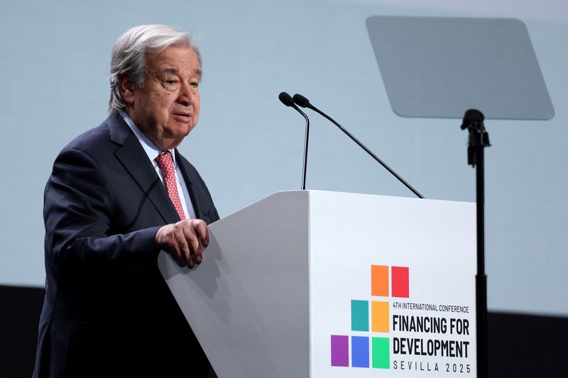 UN Secretary-General Antonio Guterres speaks during the opening segment of the 4th International Conference on Financing for Development, in Seville, Spain, June 30, 2025. REUTERS/Claudia Greco