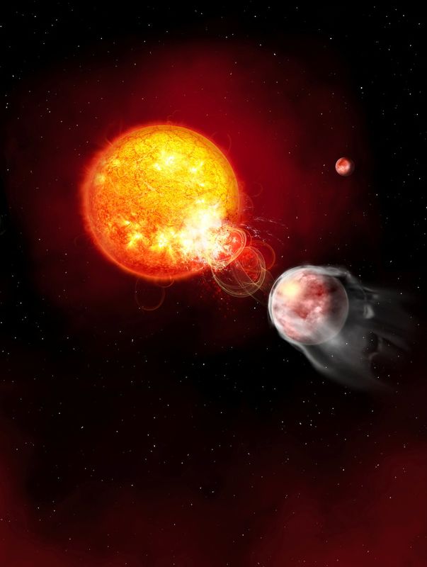 The star HIP 67522 with a flare erupting toward an orbiting planet, HIP 67522 b, is depicted in this illustration released by the European Space Agency on July 2, 2025. A second planet, HIP 67522 c, is shown in the background.   Janine Fohlmeister, Leibniz Institute for Astrophysics Potsdam/Handout via REUTERS