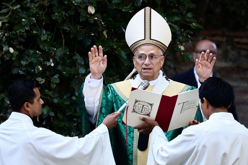 Pope Leo XIV leads the Mass for the Care of Creation, in Castel Gandolfo, Italy, July 9, 2025. REUTERS/Yara Nardi/Pool
