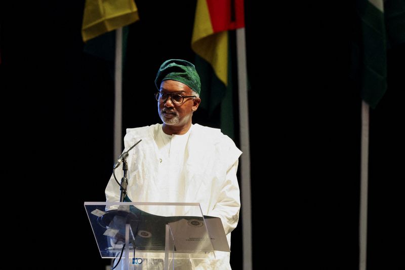 FILE PHOTO: Nigeria's Minister of Foreign Affairs, Ambassador Yusuf Tuggar, delivers his speech at the Economic Community of West African States (ECOWAS) golden jubilee celebration of the regional bloc in Nigeria's commercial capital, Lagos, Nigeria, May 28, 2025. REUTERS/Sodiq Adelakun/File Photo