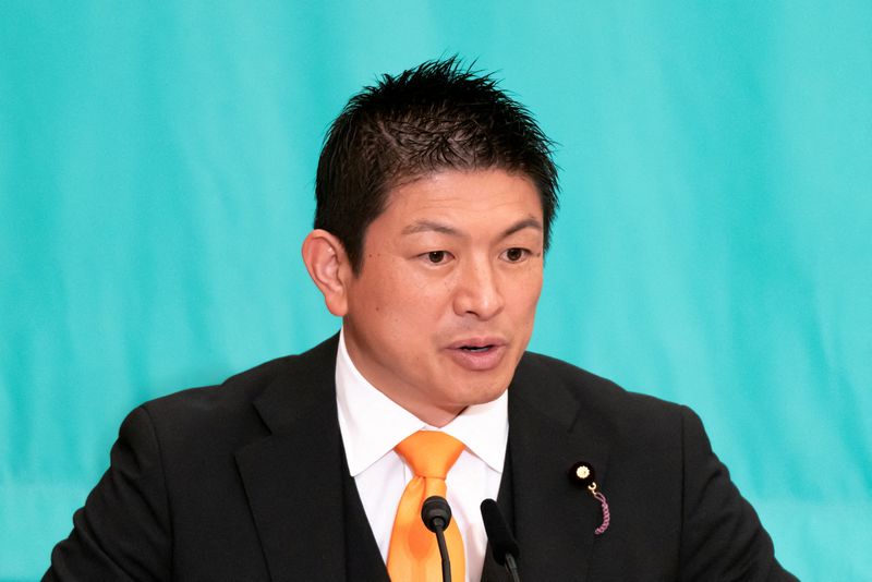 FILE PHOTO: Sanseito Secretary General Sohei Kamiya speaks during a debate with leaders of other political parties at the Japan National Press Club in Tokyo, Japan, July 2, 2025.     Tomohiro Ohsumi/Pool via REUTERS/File Photo