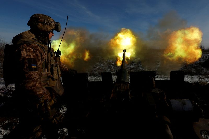 FILE PHOTO: Ukrainian members of the military fire an anti-aircraft weapon, as Russia's attack on Ukraine continues, in the frontline city of Bakhmut, Ukraine, January 10, 2023. REUTERS/Clodagh Kilcoyne/File Photo