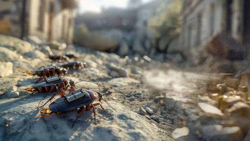 A digital illustration released by Swarm Biotactics shows what they describe as cyborg cockroaches equipped with specialized backpacks that enable real-time data collection via cameras. SWARM Biotactics/Handout via REUTERS