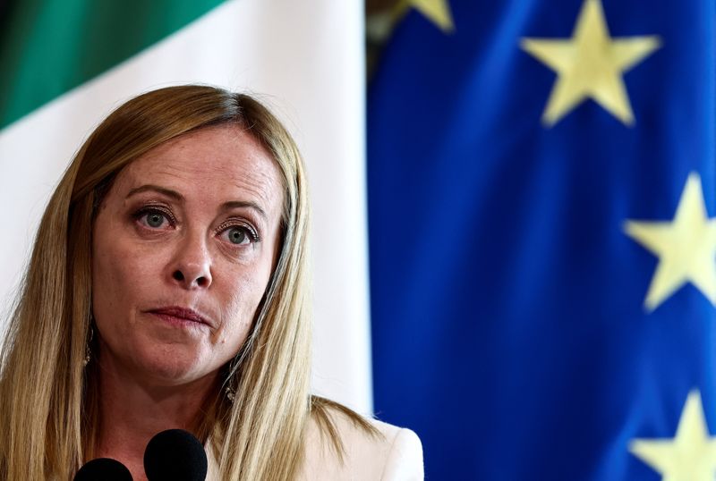 FILE PHOTO: Italian Prime Minister Giorgia Meloni speaks to the media with Austrian Chancellor Christian Stocker (not pictured) at Chigi Palace in Rome, Italy, July 15, 2025. REUTERS/Yara Nardi/File Photo