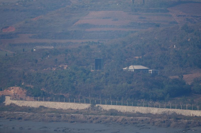 FILE PHOTO: North Korea’s loud speaker is seen at North Korea's propaganda village Kaepoong, in this picture taken from an observation near the demilitarized zone separating the two Koreas, in Paju, South Korea, October 31, 2024. REUTERS/Kim Hong-Ji/File Photo