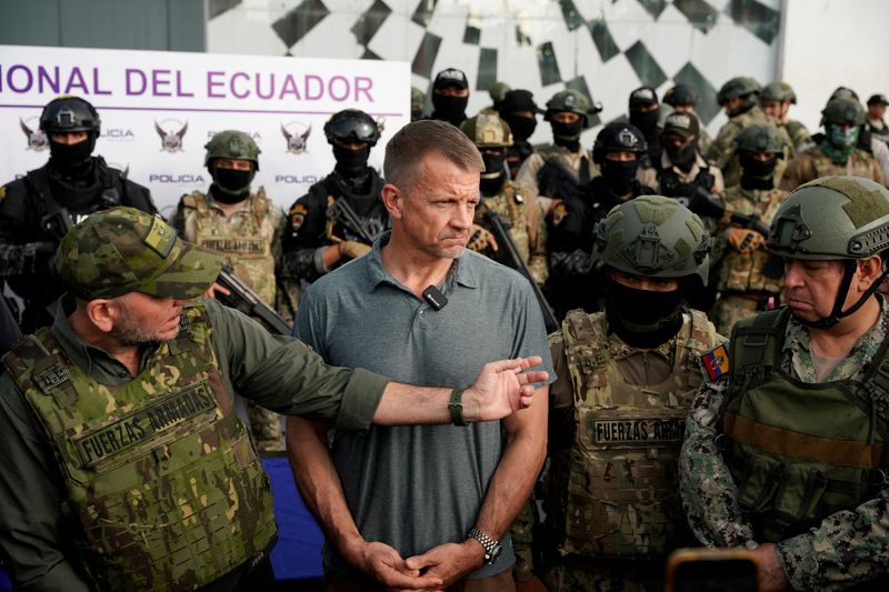 FILE PHOTO: Erik Prince, founder of Blackwater, attends a police and military presentation, in Guayaquil, Ecuador April 5, 2025. REUTERS/Santiago Arcos/File Photo