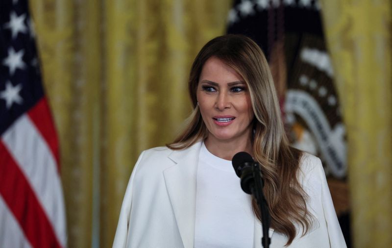 FILE PHOTO: U.S. first lady Melania Trump speaks at the White House in Washington, D.C., U.S., May 8, 2025. REUTERS/Leah Millis/ File Photo