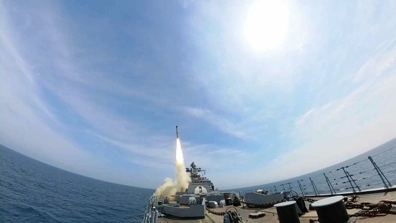 Russian frigate Marshal Shaposhnikov fires an anti-ship cruise missile at a maritime target during drills in the Sea of Japan, in this still image from video released August 21, 2025. Russian Defence Ministry/Handout via REUTERS