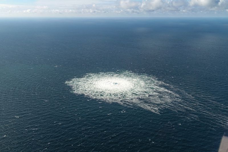 FILE PHOTO: Gas leak at Nord Stream 2 as seen from the Danish F-16 interceptor on Bornholm, Denmark, September 27, 2022. Danish Defence Command/Forsvaret  Ritzau Scanpix/via REUTERS/File Photo