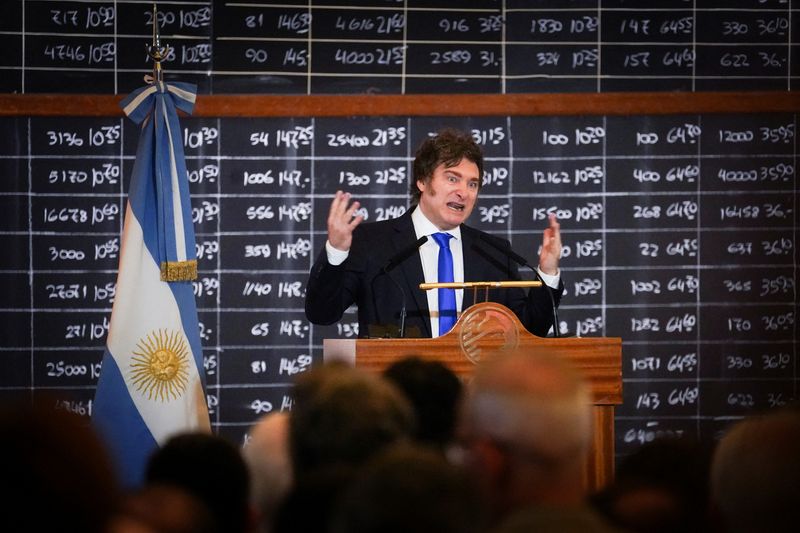 FILE PHOTO: Argentina's President Javier Milei gestures during a ceremony marking the 171st  Anniversary of the Buenos Aires Stock Exchange, in Buenos Aires, Argentina, July 10, 2025. REUTERS/Mariana Nedelcu/File photo