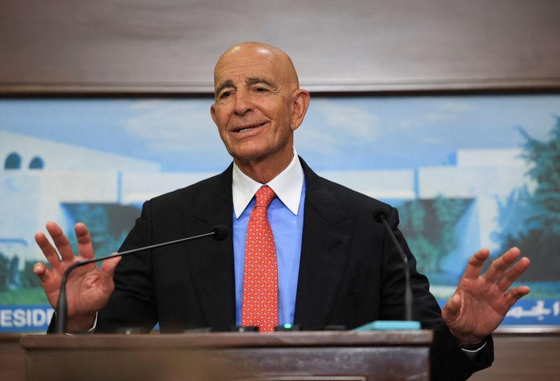 U.S. Ambassador to Turkey and U.S. special envoy for Syria Thomas Barrack speaks after meeting with Lebanese President Joseph Aoun (not pictured) at the presidential palace in Baabda, Lebanon August 26, 2025. REUTERS/Mohamed Azakir
