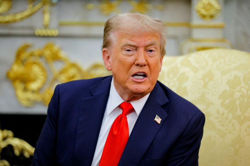 U.S. President Donald Trump reacts as he and the President of Poland Karol Nawrocki (not pictured) meet in the Oval Office at the White House in Washington, D.C., U.S., September 3, 2025.  REUTERS/Brian Snyder