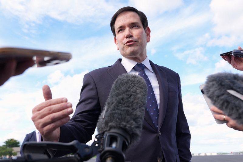 FILE PHOTO: U.S. Secretary of State Marco Rubio speaks to reporters before boarding his plane at Homestead Air Reserve Base in Homestead, Florida, U.S., September 2, 2025. Jacquelyn Martin/Pool via REUTERS/ File Photo