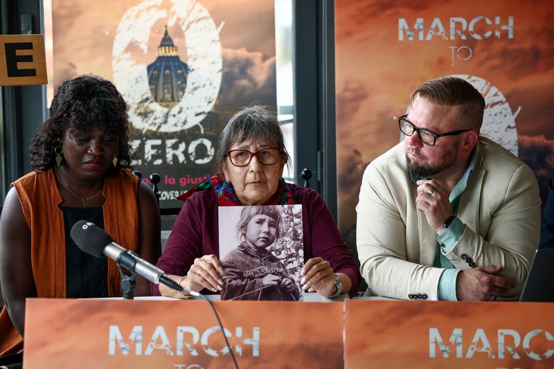 Ending Clergy Abuse (ECA) Board of Directors members Janet Aguti, Evelyn Korkmaz and President Gemma Hickey attend a press conference held by survivors of sexual abuse by Catholic clergy, near the Vatican, in Rome, Italy, October 20, 2025. REUTERS/Guglielmo Mangiapane