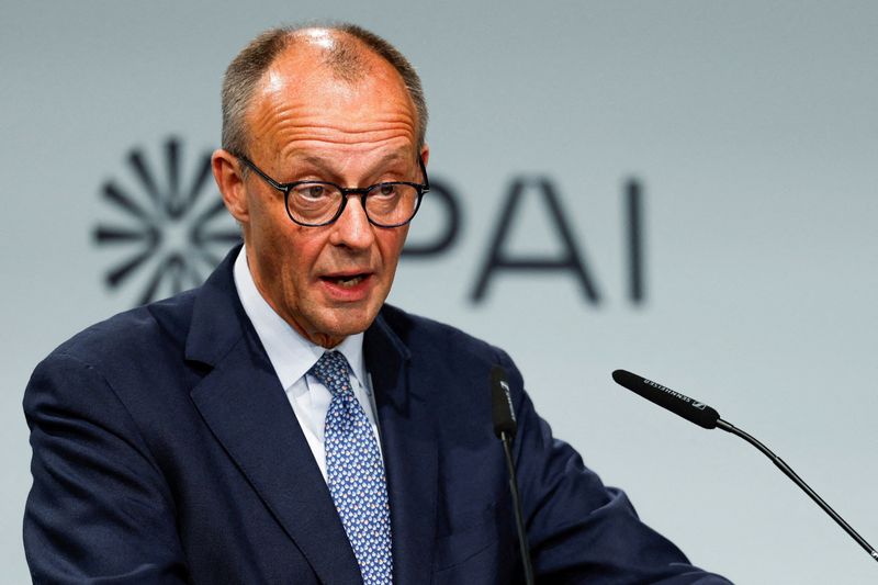 German Chancellor Friedrich Merz speaks during a groundbreaking ceremony for the IPAI CAMPUS, an artificial intelligence park, in Heilbronn, Germany, October 21, 2025. REUTERS/Heiko Becker REFILE - CHANGING FROM "EUROPE'S LARGEST ARTIFICIAL INTELLIGENCE PARK" TO "AN ARTIFICIAL INTELLIGENCE PARK".
