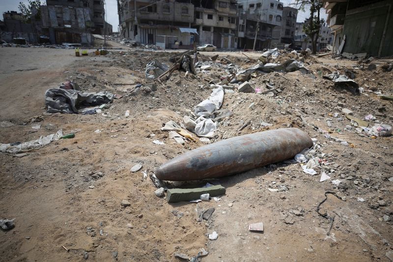 An unexploded missile fired by an Israeli aircraft lies among the rubble, amid the ongoing conflict between Israel and Hamas, in the northern Gaza Strip May 14, 2024. REUTERS/Dawoud Abu Alkas