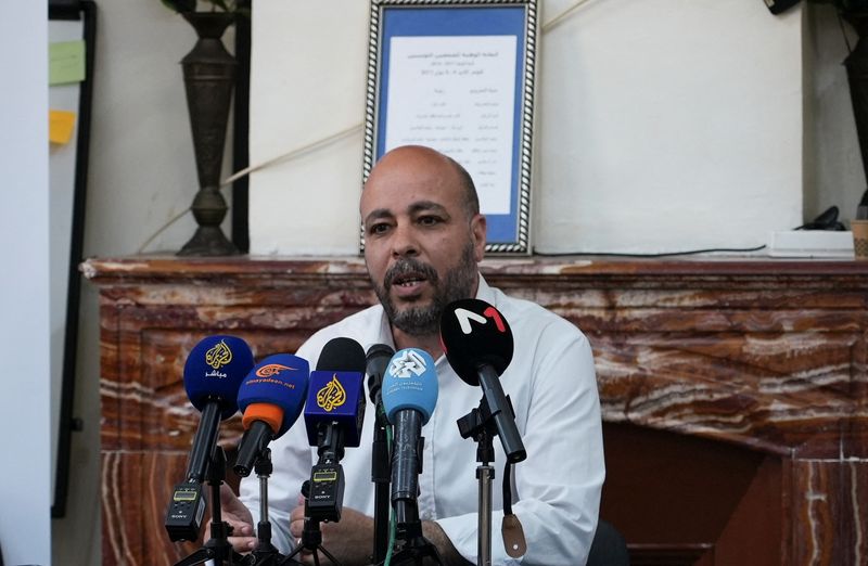 Romdhane Ben Amor of the Tunisian Forum for Economic and Social Rights, an independent advocacy group attends a press conference in Tunis, Tunisia May 9, 2025. REUTERS/Stringer
