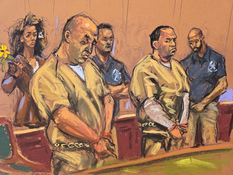 Prominent New York-based dissident and journalist Masih Alinejad holds a sunflower behind Polad Omarov and Radar Amirov, who were convicted of involvement in an unsuccessful Iran-backed plot to kill her, as they attend their sentencing at federal court in New York, U.S., October 29, 2025 in this courtroom sketch. REUTERS/Jane Rosenberg