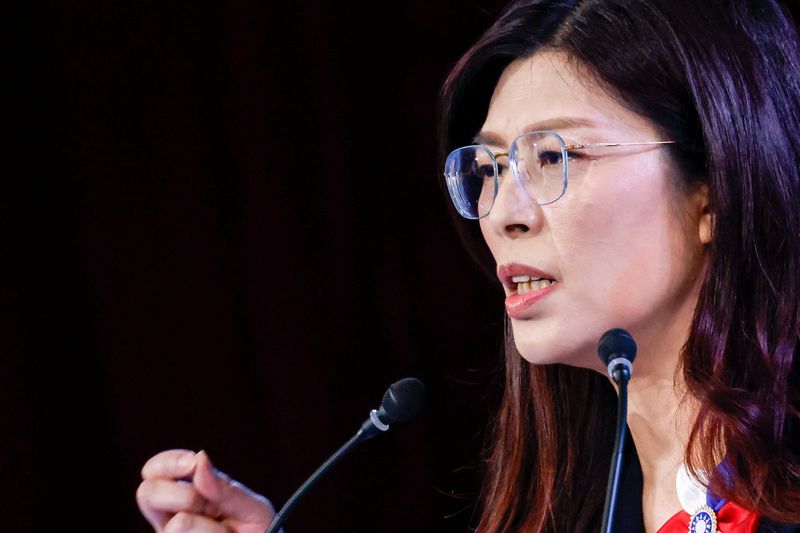 Cheng Li-wun, the new chairwoman of Taiwan's largest opposition party, the Kuomintang, makes a speech as she formally takes over, in Taipei, Taiwan November 1, 2025. REUTERS/Ann Wang