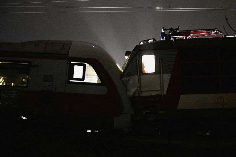 A view shows the scene of a collision between two trains in the town of Pezinok, Slovakia, November 9, 2025. REUTERS/Radovan Stoklasa