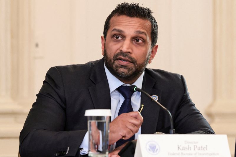 FBI Director Kash Patel speaks during a roundtable on antifa, an anti-fascist movement U.S. President Donald Trump designated a domestic "terrorist organization" via executive order on September 22, at the White House in Washington, D.C., U.S., October 8, 2025. REUTERS/Evelyn Hockstein