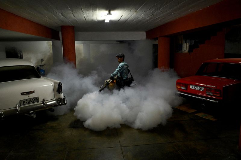 State worker Arnaldo Alvarez uses a fogging machine to fumigate inside a garage as part of a public health campaign against the spread of mosquito-transmitted virus that causes Chikungunya, in Havana, Cuba November 13, 2025. REUTERS/Norlys Perez     TPX IMAGES OF THE DAY