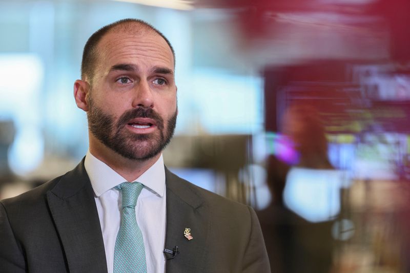 Brazilian lawmaker Eduardo Bolsonaro sits down with Reuters to discuss his efforts to put U.S. pressure on Brazil to halt the trial of his father, right-wing former Brazilian President Jair Bolsonaro, in Washington, D.C., U.S., August 14, 2025. REUTERS/Jessica Koscielniak